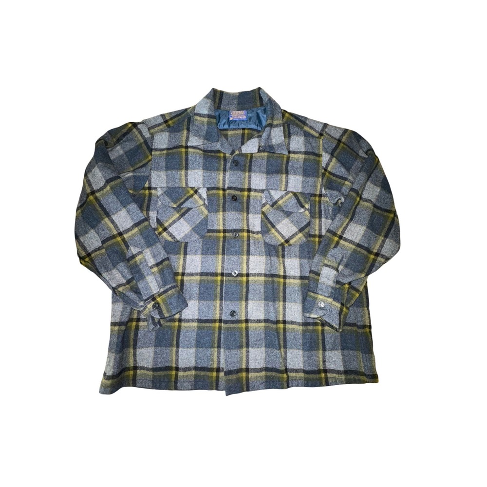 Vintage Pendleton Board Shirt XL Grey Yellow Plaid Virgin Wool Button Down